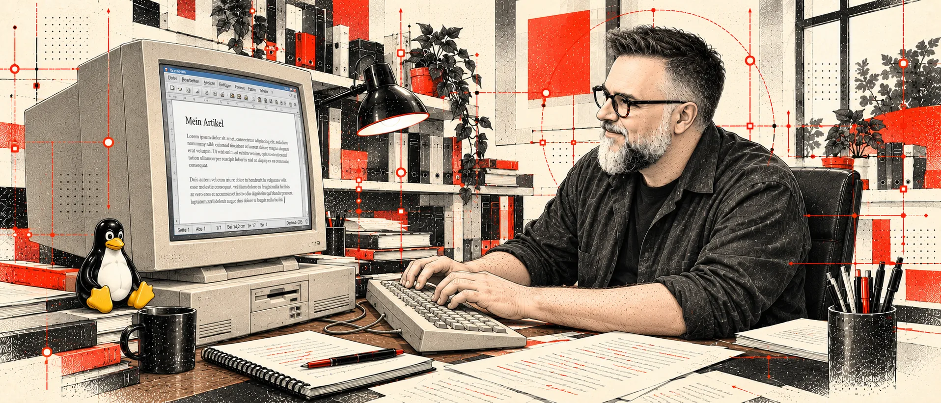 Illustration im Druckstil: Ein Mann mit Brille und Bart schreibt an einem alten Röhrenmonitor-Computer, daneben ein Linux-Pinguin, Bücherregale und rote Verbindungslinien.