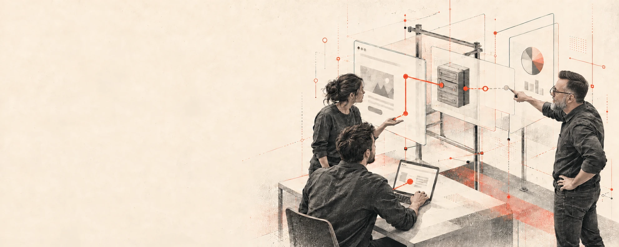 Illustration – ein Team arbeitet gemeinsam an der Tracking-Technik. Eine Frau und ein Mann am Laptop, ein zweiter Mann zeigt auf Glasflächen, auf denen rote Linien Website, Server und Auswertung verbinden.