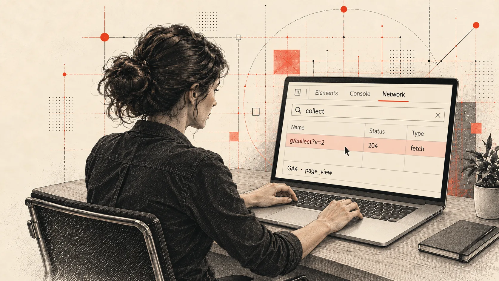 Illustration – eine Online-Marketerin sitzt am Laptop, in den Entwicklerwerkzeugen ist der Network-Tab geöffnet, im Filter steht „collect“, markiert ist die GA4-Anfrage g/collect mit Status 204.