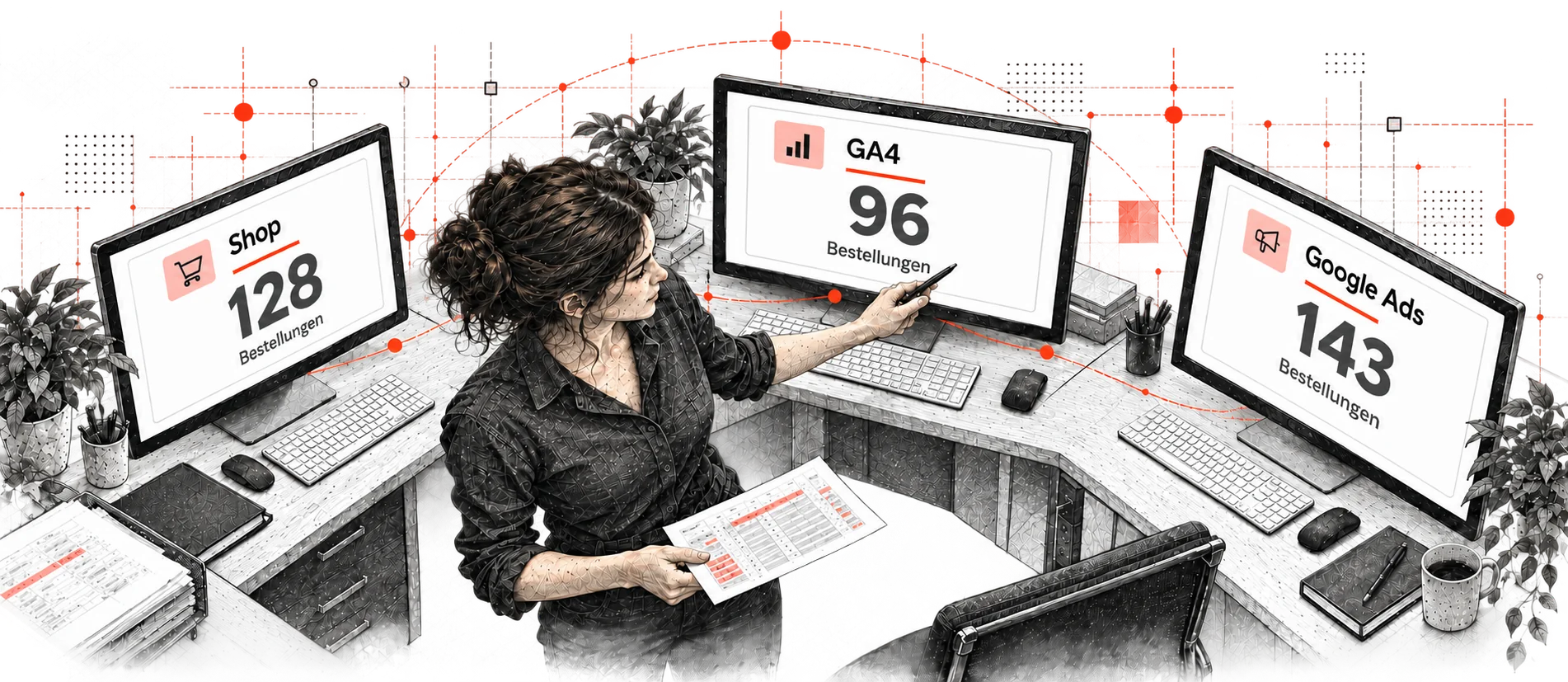 Illustration – eine Online-Marketerin steht zwischen drei Bildschirmen mit drei verschiedenen Bestellzahlen: Shop 128, GA4 96, Google Ads 143.
