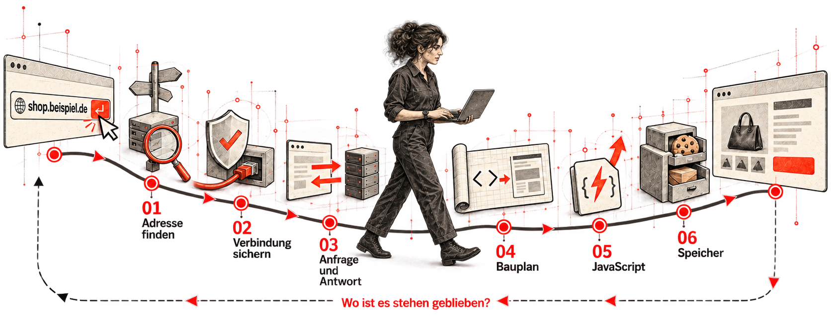 Schaubild: Eine Marketerin geht mit dem Laptop den Weg von der Eingabe shop.beispiel.de bis zur fertigen Shopseite entlang – 01 Adresse finden, 02 Verbindung sichern, 03 Anfrage und Antwort, 04 Bauplan, 05 JavaScript, 06 Speicher. Ein gestrichelter Rückweg fragt: Wo ist es stehen geblieben?
