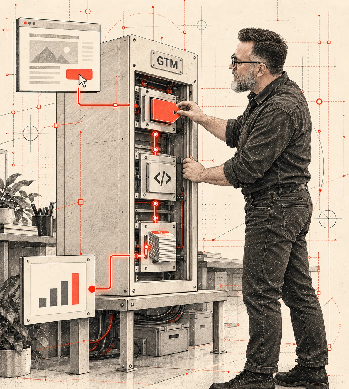 Illustration – ein Mann steckt ein Tag in einen GTM-Schaltschrank zwischen Website und Report