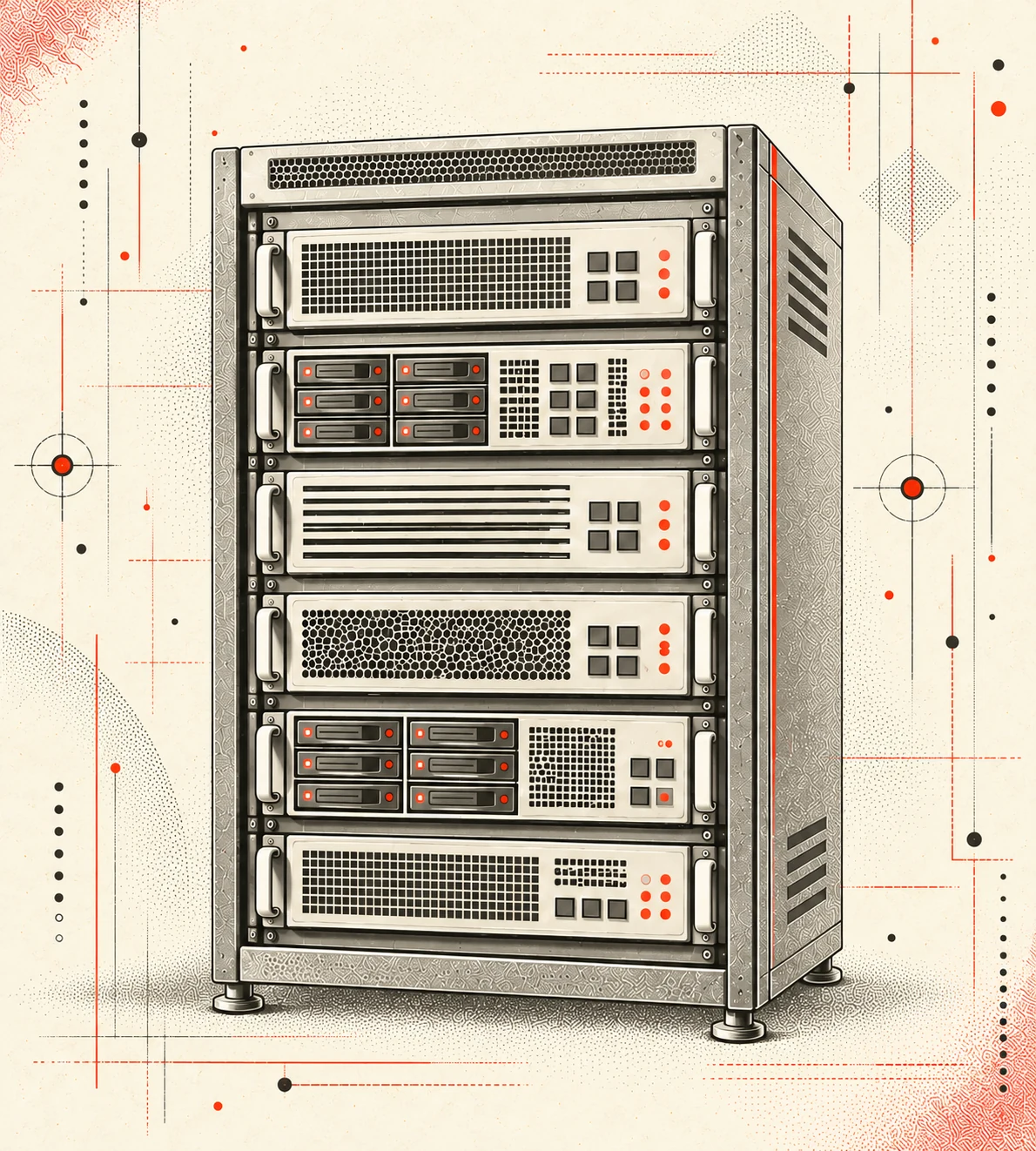 Gezeichnetes Server-Rack im Druckstil – Kurs: Was passiert auf dem Server
