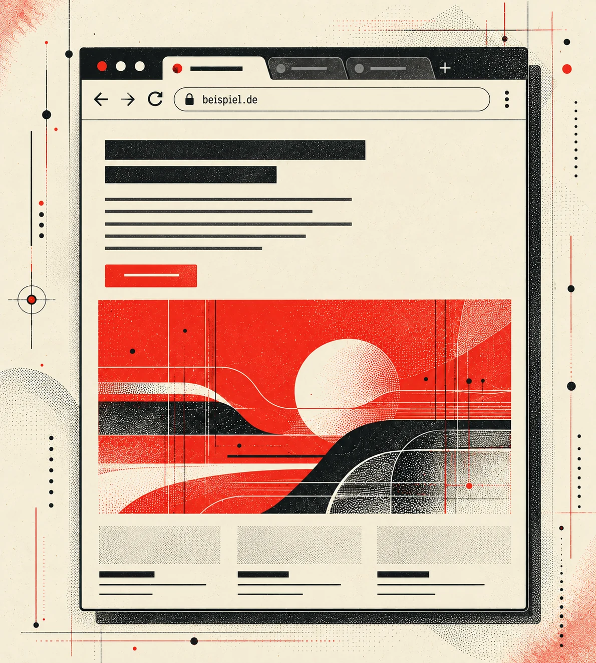 Stilisiertes Browserfenster mit Adresszeile und Website-Layout – Kurs: Was passiert im Browser