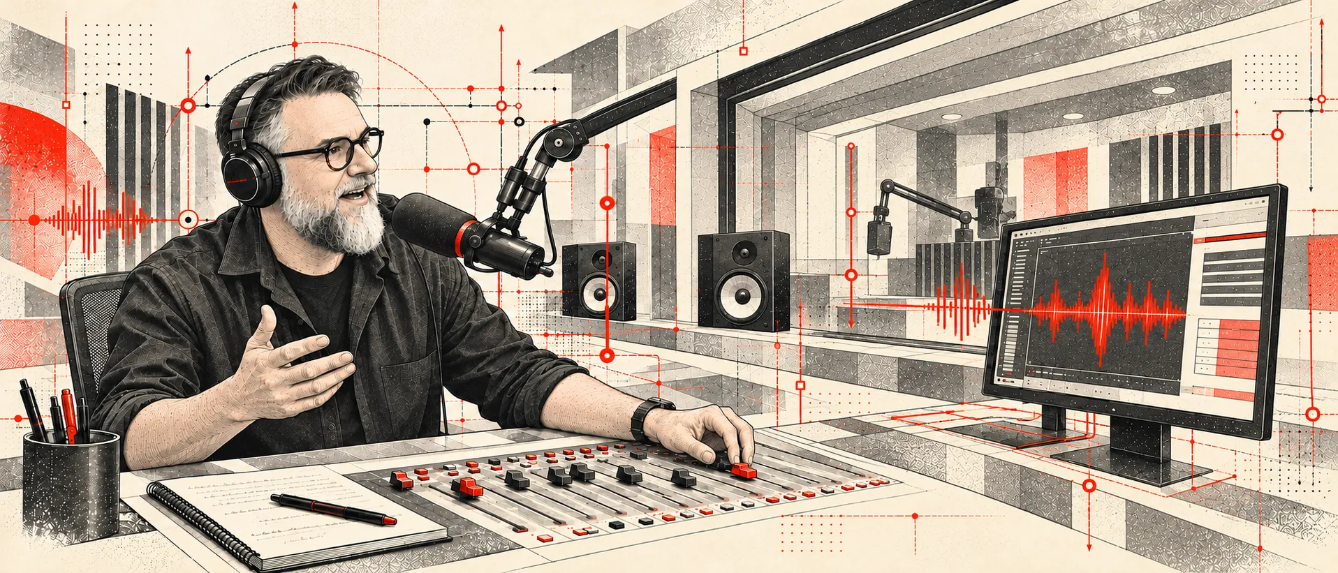 Illustration – ein Mann mit Kopfhörern spricht links im Bild an einem Mischpult in ein Mikrofon; rote Audio-Wellen und Leitungen ziehen sich durch das Studio mit Lautsprechern bis zu einem Bildschirm.