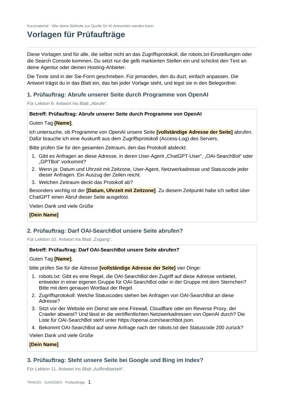 Vorlagen für Prüfaufträge an Agentur oder Hoster